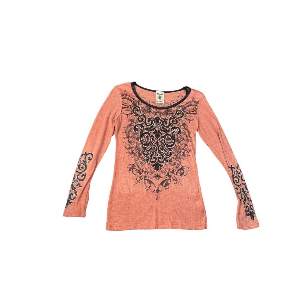 Vocal Y2K Women’s Long Sleeve Medium Coral Crystal Embellished Top
